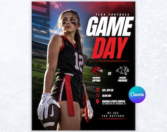 Può includere: Un volantino per una partita di flag football con una persona in maglia nera e rossa con il numero 12 che tiene un pallone. Il testo recita FLAG FOOTBALL GAME DAY, Riverdale Raptors contro Lakeside Panthers, sabato 26 aprile alle 10:00.