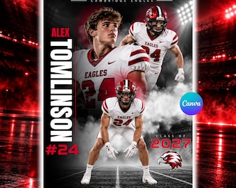 Può includere: Un poster sportivo con un giocatore di football americano in maglia bianca con dettagli rossi e il numero 24. Il testo include CAMBRIDGE EAGLES, ALEX TOMLINSON, #24 e CLASS OF 2027. Il design mostra il giocatore in due pose diverse.