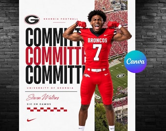 Può includere: Un poster con un giocatore di football in uniforme rossa con il numero 7 e la parola BRONCOS. Il testo include GEORGIA FOOTBALL, COMMIT, UNIVERSITY OF GEORGIA, Steven Walters e SIC EM DAWGS, insieme a uno sfondo di stadio e un logo Nike.