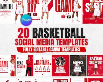 Può includere: Una collezione di 20 modelli per social media a tema basket con schemi di colore rosso e bianco. I design includono vari layout con testi come GAME DAY, CAPTAINS e FINAL SCORE, mostrando atleti in divisa e palloni da basket.
