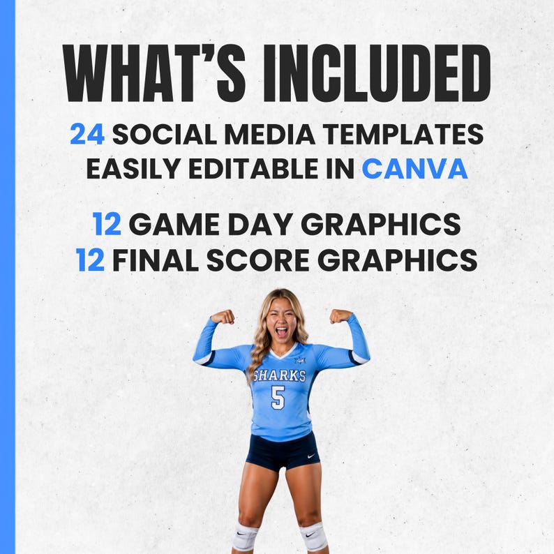 May include: A digital graphic featuring the text WHAT'S INCLUDED, 24 SOCIAL MEDIA TEMPLATES EASILY EDITABLE IN CANVA, 12 GAME DAY GRAPHICS, and 12 FINAL SCORE GRAPHICS. Below the text is a volleyball player in a light blue jersey with SHARKS 5.