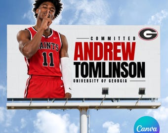Può includere: Un cartellone pubblicitario con un giocatore di basket in maglia rossa con il numero 11 e la scritta SAINTS, con un dito sulle labbra. Il testo recita COMMITTED ANDREW TOMLINSON UNIVERSITY OF GEORGIA con il logo G dell'Università della Georgia.
