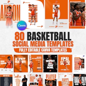 Può includere: Una collezione di 80 modelli per social media a tema basket con schemi di colore arancione e bianco. I design includono ritratti di giocatori, calendari delle partite, rose delle squadre e aggiornamenti sui punteggi con il testo 80 BASKETBALL.