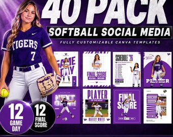 Può includere: Un pacchetto di 40 modelli Canva personalizzabili per i social media di softball con grafiche viola e bianche. Il set include layout per giorni di partita, risultati finali, programmi, profili dei giocatori e annunci del team.