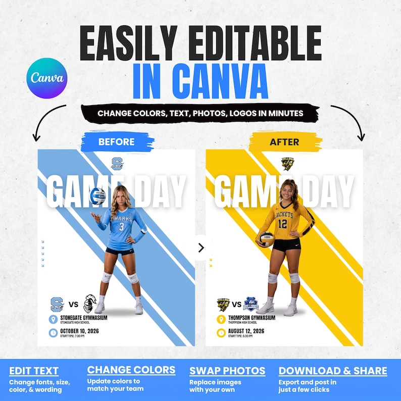 May include: A digital template for a sports game day flyer, featuring a before and after comparison of a volleyball player graphic. The text reads EASILY EDITABLE IN CANVA, CHANGE COLORS, TEXT, PHOTOS, LOGOS IN MINUTES, GAME DAY, and various event details.