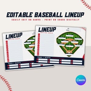Puede incluir: Dos plantillas editables de alineación de béisbol sobre fondo blanco con texto azul marino que dice LINEUP y BATTING ORDER. Cada hoja incluye un diagrama de campo de béisbol verde, espacios numerados para jugadores y una sección de banca.