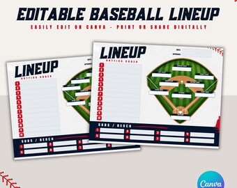 Può includere: Due modelli modificabili per la formazione di baseball su sfondo bianco con testo blu scuro che recita LINEUP e BATTING ORDER. Ogni foglio include un diagramma verde del campo da baseball, spazi numerati per i giocatori e una panchina.