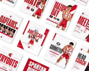Può includere: Una collezione di poster di design grafico per una squadra di wrestling di un liceo con atleti in canotte rosse e bianche, tipografia rossa in grassetto e branding della squadra che include il testo Match Week, Match Day, Captains, All American e Committed.