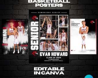 Può includere: Un set di 3 poster da basket con il testo 3 PACK BASKETBALL POSTERS e EDITABLE IN CANVA. I design includono foto di un giocatore di nome Evan Howard, della squadra Cambridge Eagles e il testo SENIOR CLASS OF 2028.