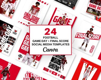 Può includere: Una collezione di 24 modelli per social media per giorni di partita e risultati finali di football con schemi di colori rosso e bianco, immagini atletiche di giocatori in uniforme, tipografia in grassetto e il testo 24 FOOTBALL GAME DAY + FINAL SCORE SOCIAL MEDIA TEMPLATES Canva.
