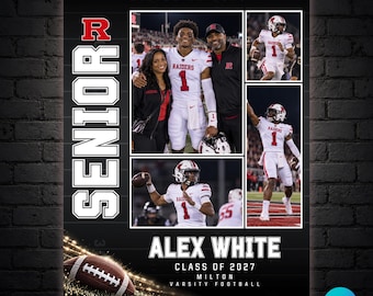 Può includere: Un poster sportivo commemorativo per lo studente dell'ultimo anno dei Milton Raiders, Alex White, classe 2027. Include quattro foto di un giocatore di football in divisa bianca numero 1, un pallone da football e del testo.