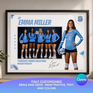 May include: A framed poster featuring a volleyball team collage with the text EMMA MILLER, #7, STONEGATE SHARKS VOLLEYBALL, and #WEARESTONEGATE. The design includes a large individual photo of a player in a light blue jersey and dark shorts.