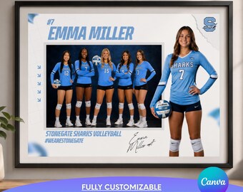 Può includere: Un poster incorniciato che presenta un collage di una squadra di pallavolo con il testo EMMA MILLER, #7, STONEGATE SHARKS VOLLEYBALL e #WEARESTONEGATE. Il design include una grande foto individuale di una giocatrice con maglia azzurra e pantaloncini.
