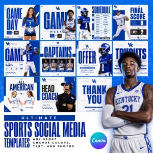 May include: A digital graphic design template set for sports social media featuring blue and white color schemes. The layout includes various panels displaying athletes in Kentucky uniforms, game schedules, player stats, and text like Game Day.