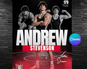 Può includere: Un poster sportivo con un lottatore in canotta nera con il nome ANDREW STEVENSON in grandi lettere bianche e rosse. Il design include tre pose dell'atleta, il testo CLASS OF 2027, 175 WEIGHT CLASS e un logo con un bulldog.
