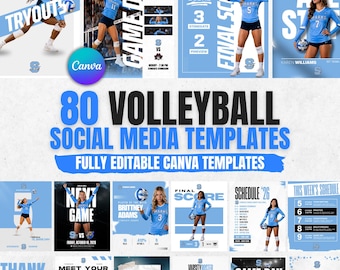 Può includere: Una collezione di 80 modelli per social media dedicati alla pallavolo con schemi di colore azzurro e bianco. I design includono vari layout per provini, giorni di partita, punteggi finali, programmi e rose dei giocatori di pallavolo.