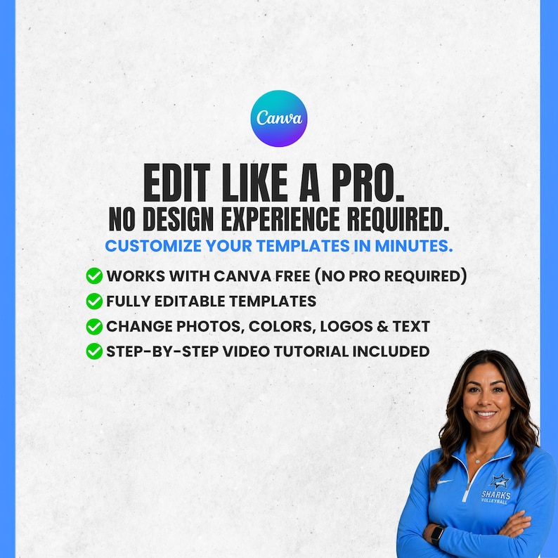 May include: A digital graphic featuring the Canva logo and text: EDIT LIKE A PRO. NO DESIGN EXPERIENCE REQUIRED. CUSTOMIZE YOUR TEMPLATES IN MINUTES. WORKS WITH CANVA FREE, FULLY EDITABLE TEMPLATES, CHANGE PHOTOS, COLORS, LOGOS & TEXT, VIDEO TUTORIAL.