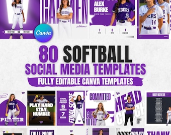 Può includere: Una raccolta di 80 modelli per social media dedicati al softball con schemi di colore viola e bianco, vari ritratti di giocatrici in uniforme, statistiche di gioco, elenchi di squadre e sovrapposizioni di testo in grassetto.