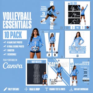 Può includere: Un pacchetto di 10 modelli modificabili per social media di pallavolo in Canva, con grafiche azzurre e bianche. Include post per il giorno della partita, risultati finali, una rosa e un calendario, con giocatori in maglia azzurra.