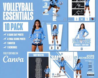 Può includere: Un pacchetto di 10 modelli modificabili per social media di pallavolo in Canva, con grafiche azzurre e bianche. Include post per il giorno della partita, risultati finali, una rosa e un calendario, con giocatori in maglia azzurra.