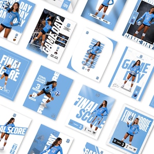 May include: A collection of digital sports graphics featuring volleyball players in light blue uniforms. Each graphic displays text such as GAME DAY or FINAL SCORE, team logos, and match details against a light blue and white background.