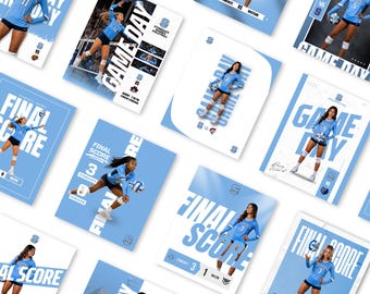 Può includere: Una raccolta di grafiche sportive digitali con pallavolisti in divise azzurre. Ogni grafica mostra testi come GAME DAY o FINAL SCORE, loghi di squadra e dettagli della partita su uno sfondo azzurro e bianco.