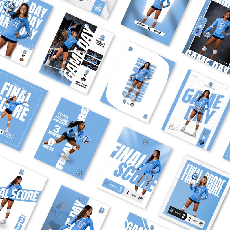 May include: A collection of digital sports graphics featuring volleyball players in light blue uniforms. Each graphic displays text such as GAME DAY or FINAL SCORE, team logos, and match details against a light blue and white background.
