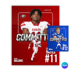 Może przedstawiać: Czerwony plakat graficzny przedstawiający zawodnika futbolu amerykańskiego w białej koszulce z napisem CARTER HAYES, COMMITTED, GEORGIA BULLDOGS oraz #11. Mniejszy niebieski plakat pokazuje zawodnika w niebieskiej koszulce z napisem EVAN WHITE, COMMITTED oraz #12.