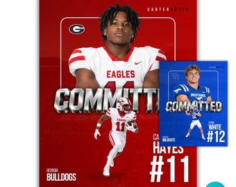 Può includere: Un poster grafico rosso con un giocatore di football americano in maglia bianca con il testo CARTER HAYES, COMMITTED, GEORGIA BULLDOGS e #11. Un poster grafico blu più piccolo mostra un giocatore in maglia blu con il testo EVAN WHITE, COMMITTED e #12.