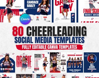 Può includere: Una collezione di 80 modelli per social media dedicati al cheerleading, con vari layout nei colori rosso, bianco e blu. I design includono testi come Competition Day, Game Day, Final Score, Schedule 26 e Senior Night.