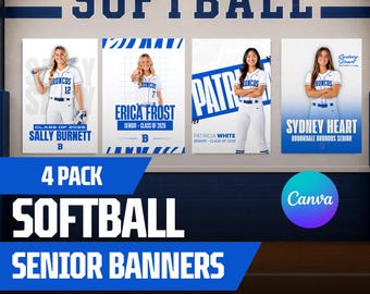 Può includere: Un set di quattro modelli di banner per senior di softball per Canva con design blu e bianchi. Ogni modello mostra una giocatrice in uniforme bianca con il testo Sally Burnett, Erica Frost, Patricia White e Sydney Heart.