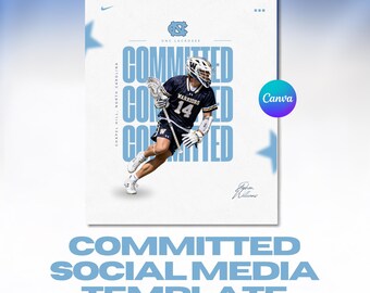 Può includere: Un modello grafico digitale che mostra un giocatore di lacrosse con una maglia scura con il numero 14, che tiene in mano una mazza da lacrosse. Lo sfondo mostra il testo COMMITTED in grandi lettere azzurre, UNC LACROSSE e CHAPEL HILL, NORTH CAROLINA.