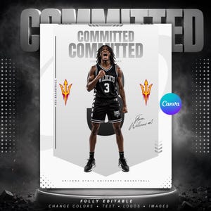 Peut inclure: Une affiche de sport numérique montrant un joueur de basket-ball portant un maillot noir Wildcats avec le numéro 3 sur fond blanc. Le design inclut le texte COMMITTED, ASU BASKETBALL et ARIZONA STATE UNIVERSITY BASKETBALL.