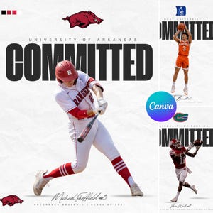 May include: A digital collage featuring three athletes. A baseball player in a white uniform swings a bat with the text UNIVERSITY OF ARKANSAS COMMITTED. A basketball player in an orange uniform shoots a ball. A football player in a red uniform catches a ball.