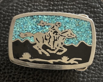 Cowboy Horse  Turquoise Chip Stone Inlay Belt Buckle