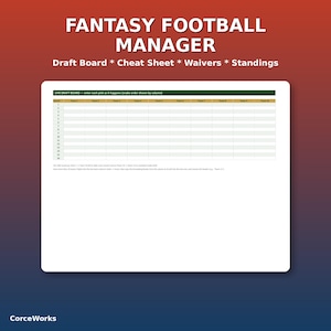 May include: A digital fantasy football manager document featuring a live draft board, cheat sheet, waivers, and standings. The white document displays a grid with columns for ten teams and sixteen rounds, with the text CorceWorks at the bottom.