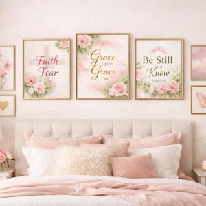 May include: A gallery wall set featuring six framed prints with pink floral motifs, gold lettering, and a butterfly illustration. The central prints display the text Faith Over Fear, Grace Upon Grace, and Be Still and Know, Psalm 46:10.