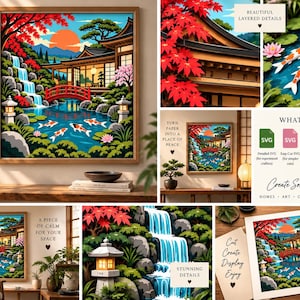 May include: A digital art file set titled Dream Home No. 2 Japanese Zen Retreat featuring a landscape illustration of a traditional building, a red bridge, a waterfall, koi fish in a pond, and red maple leaves, including SVG, PNG, and PDF files.
