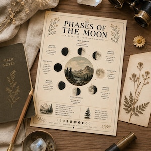 Puede incluir: Un póster educativo rectangular titulado The Phases of the Moon, A Cycle of Light and Shadow. Presenta una ilustración de paisaje circular central rodeada por diagramas de las fases lunares con texto descriptivo y detalles botánicos.