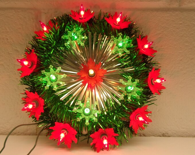 VINTAGE CHRISTMAS Lightup Decoration Red Poinsettia Green Tinsel Starburst Light Window Wreath