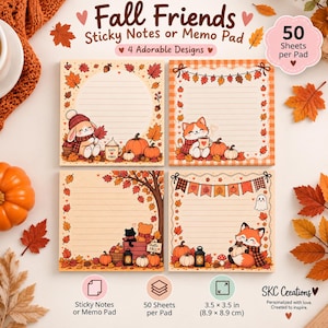 May include: Four square sticky note pads titled Fall Friends, each featuring 50 sheets measuring 3.5 x 3.5 inches. Designs include a rabbit with pumpkins, a cat with a mug, a black cat and bear, and a fox with a ghost, all with autumn leaf motifs.