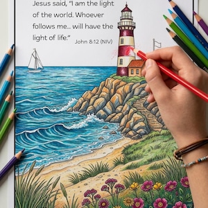 Scripture Coloring Sheets: Lighthouse and Shells on Beach