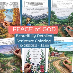 May include: A collection of ten coloring pages featuring landscape illustrations and scripture text. The pages display scenes of mountains, gardens, waterfalls, and ocean waves, with text overlays including PEACE OF GOD, Beautifully Detailed Scripture Coloring, and 10 DESIGNS - $5.00.