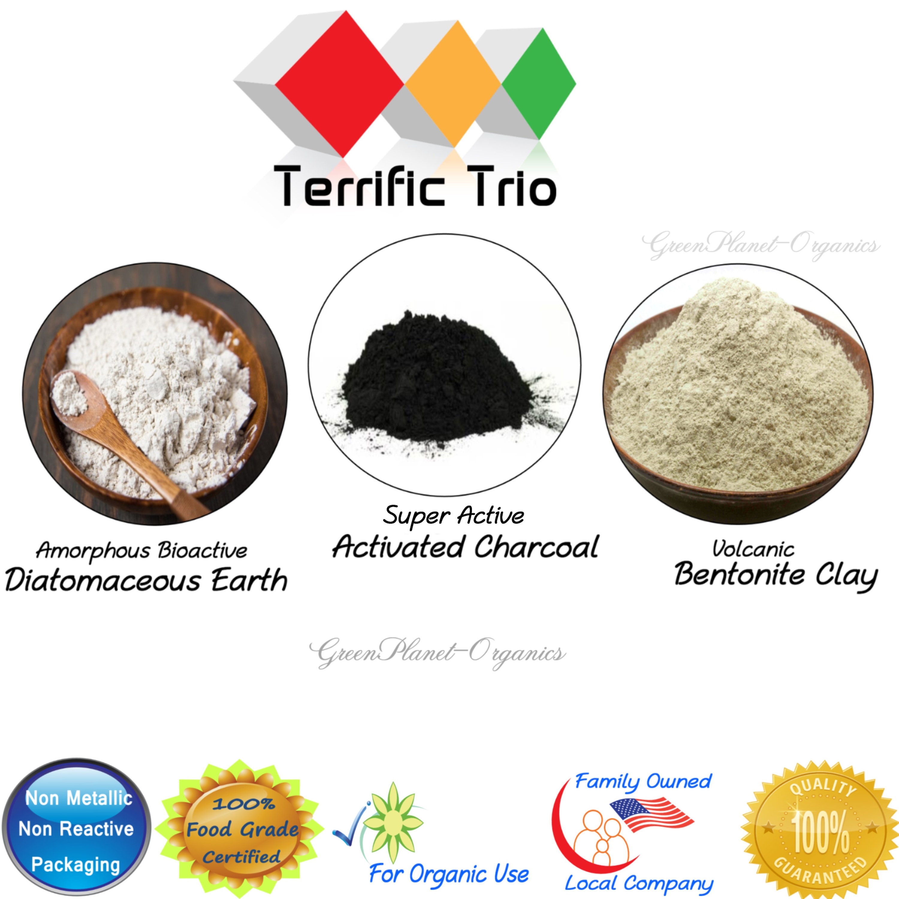 Terrific Trio Diatomaceous Earth, Activated Charcoal & Bentonite Clay