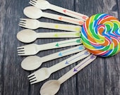 Arrows,You Pick Colors and Utensil Type, 25 Hand Stamped Wooden Forks, Spoons, Knives, Wooden Utensils, Cutlery, Silverware Rainbow, Arrow