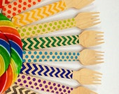 12 Mix n Match Chevron Polka Dot Wooden Forks, Wooden Utensils, Wooden Cutlery, Wooden Spoon, Wooden Silverware, Kids Party, Rainbow