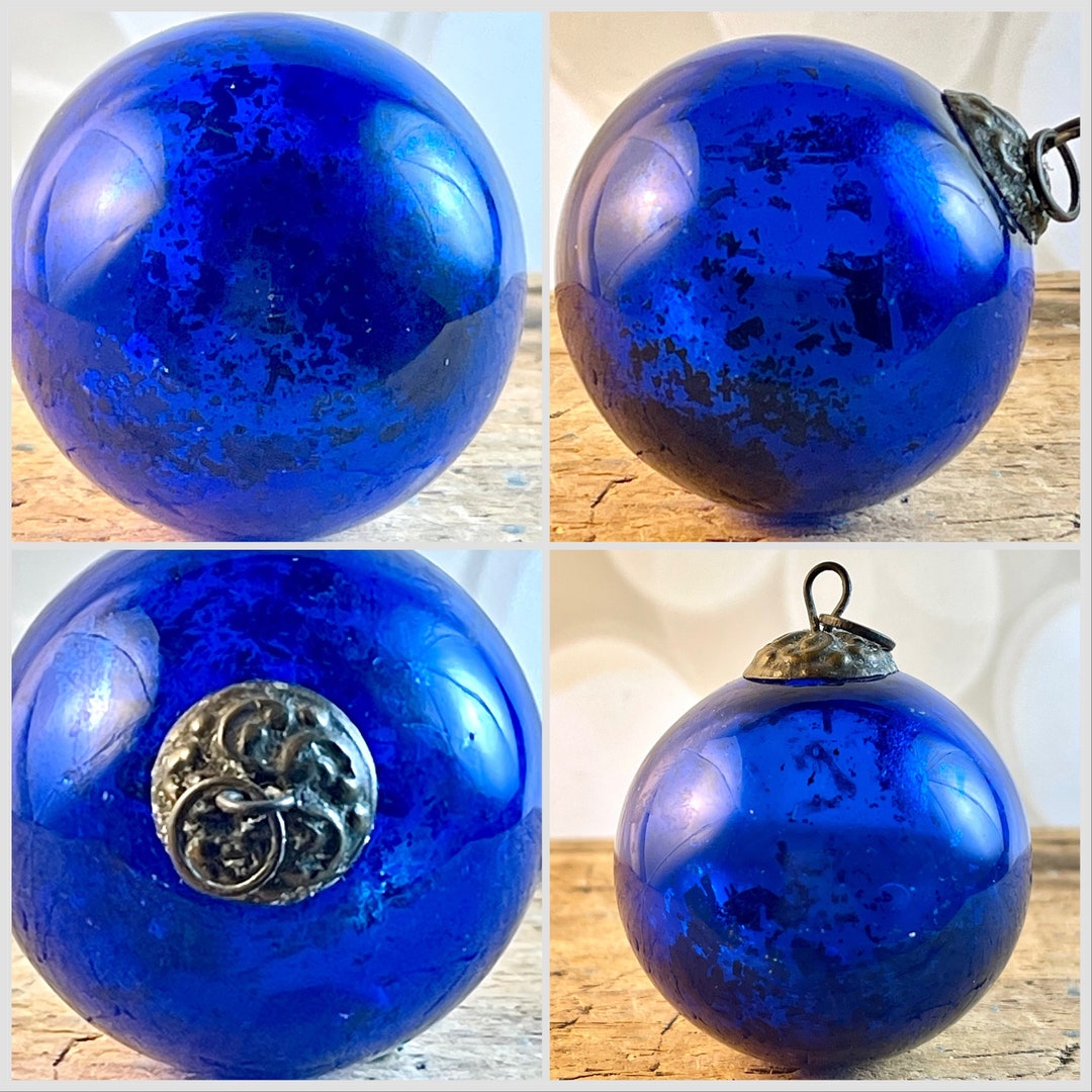 Antique Colbalt Blue Kugel German Glass Christmas Ornament, Brass Cap