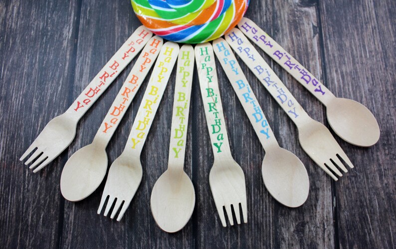 Spoons Happy Birthday Wooden Utensils Cutlery 25 Hand Stamped Wooden Forks You Pick Colors and Utensil Type Knives Silverware Rainbow
