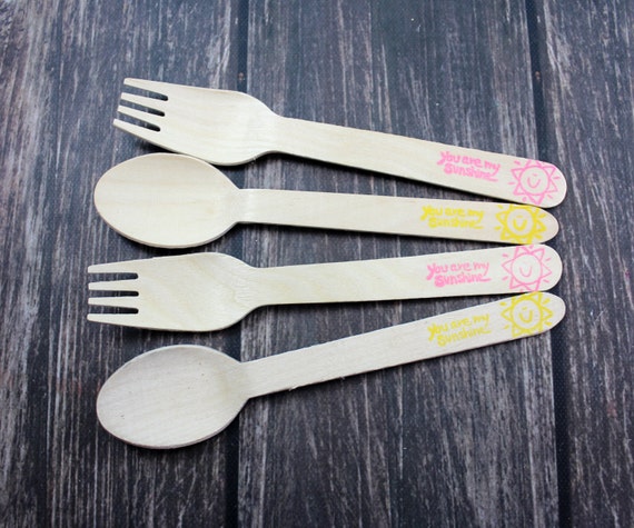 You Are My Sunshine, You Pick Colors and Utensil Type, 25 Hand Stamped Wooden Forks, Spoons, Knives, Wooden Utensils, Cutlery, Silverware Il_570xn