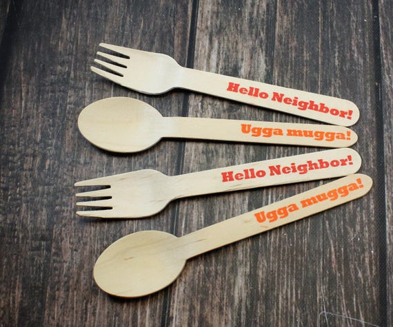 25 Daniel Tiger Hand Stamped Utensils, Forks, Spoons, Knives, Wooden, Ugga Mugga, Hello Neighbor, Kids Party, Birthday, Decoration, supplies Il_570xn